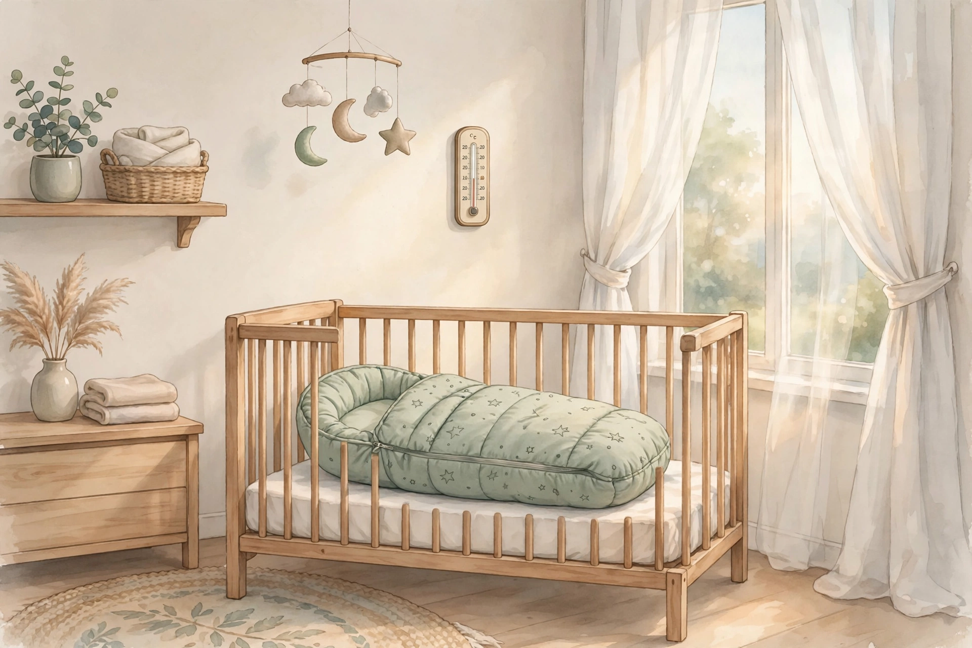 Ilustrasi kantong tidur bayi yang aman sebagai pengganti selimut longgar untuk pencegahan SIDS