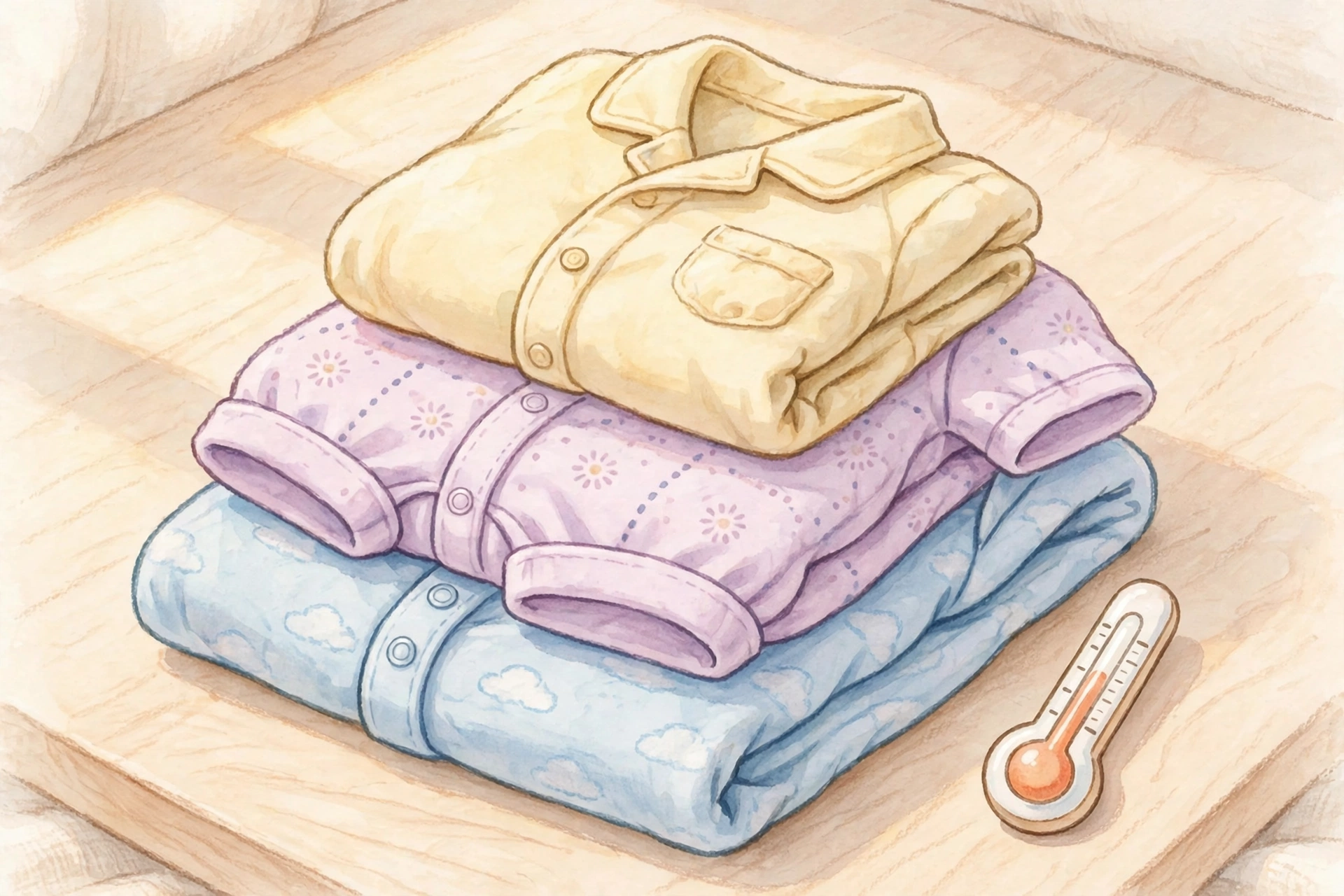 Ilustrasi sistem berlapis (layering) pakaian bayi — lapisan tipis katun yang mudah ditambah atau dikurangi sesuai suhu