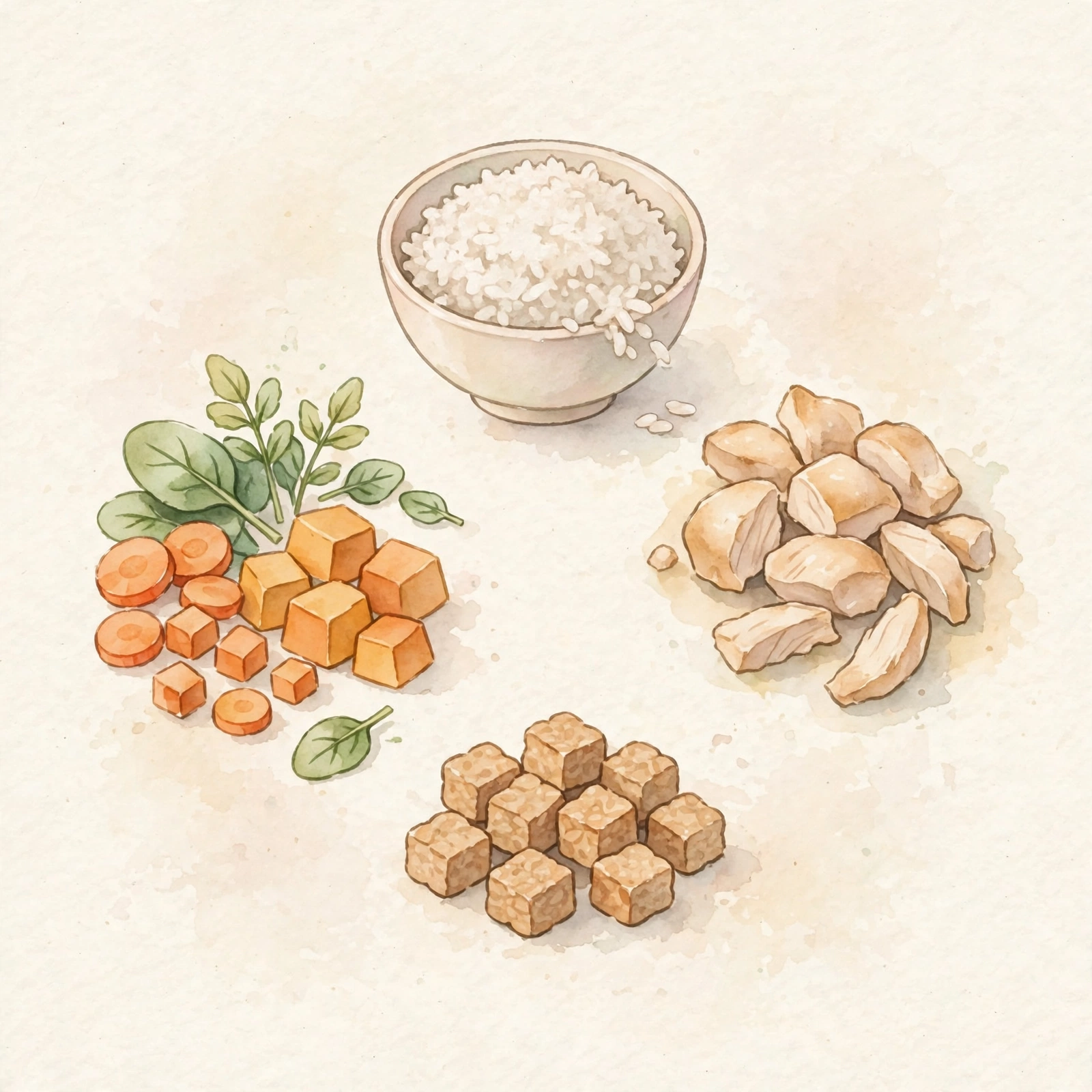 Ilustrasi empat komponen menu 4 bintang untuk MPASI: karbohidrat, protein hewani, protein nabati dan lemak, serta sayur dan buah