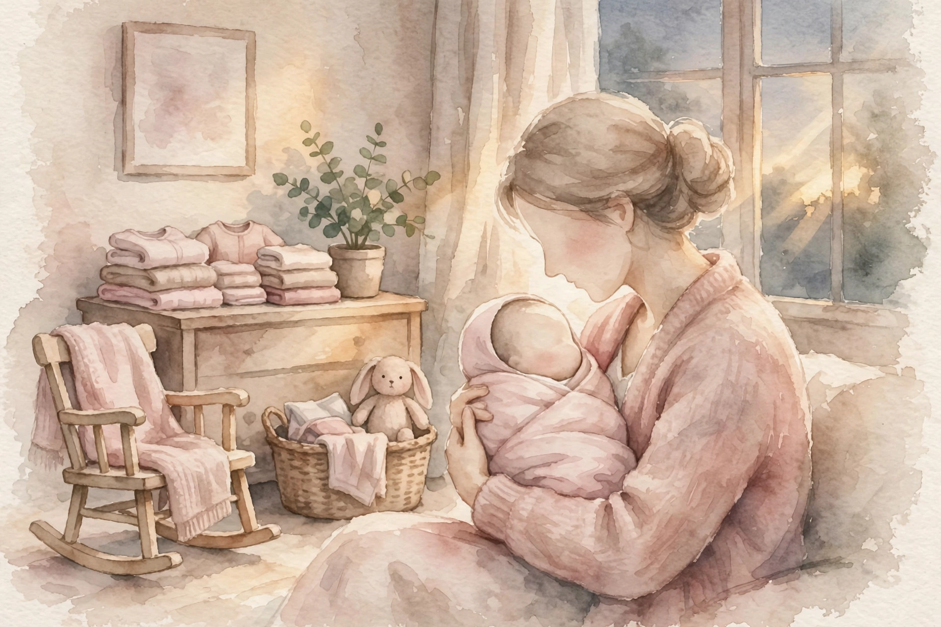 Ilustrasi ibu menenangkan bayi yang baru diimunisasi di rumah