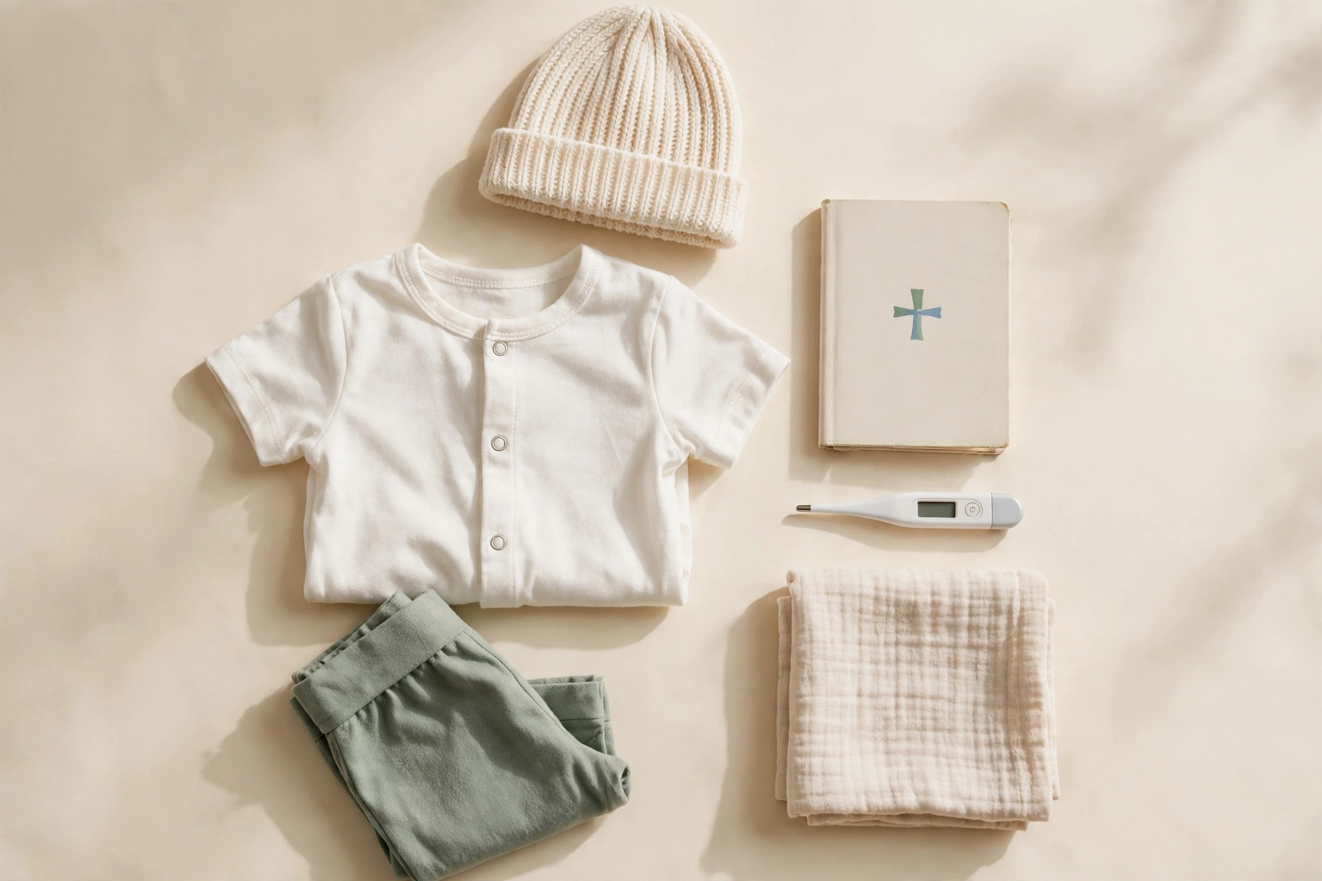 Ilustrasi flat-lay perlengkapan imunisasi bayi: pakaian bayi, buku kesehatan, dan termometer