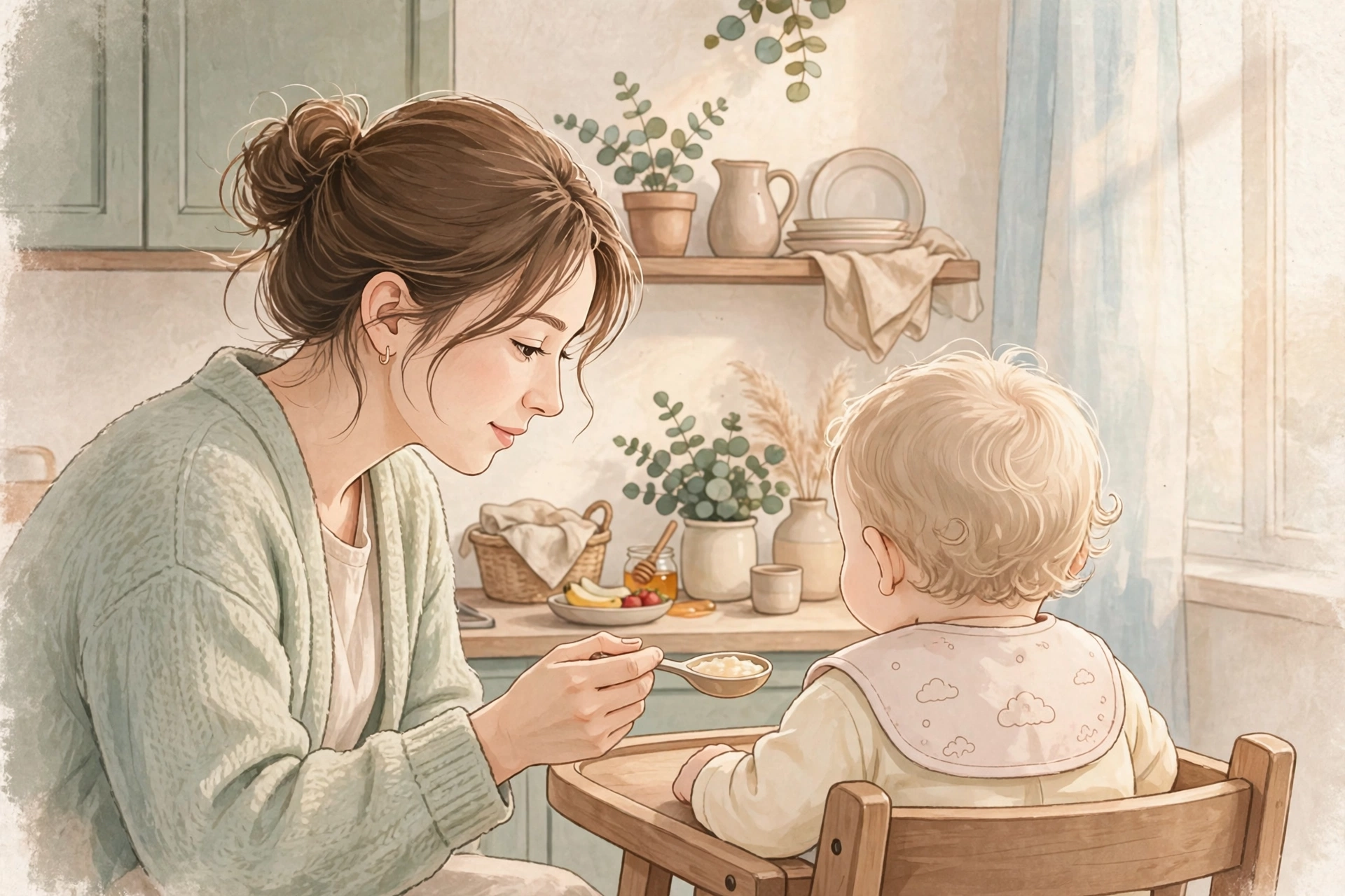 Ilustrasi ibu menyuapi bayi di kursi makan dengan suasana hangat