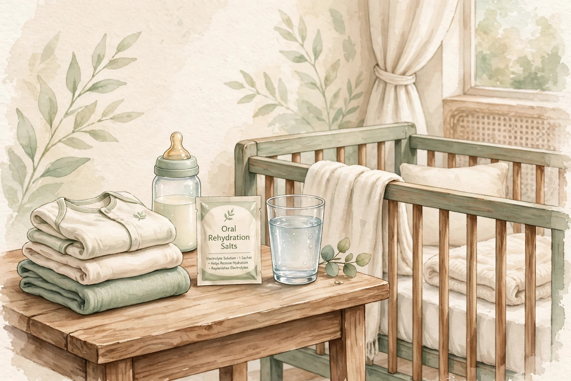 Ilustrasi perlengkapan perawatan bayi: pakaian bayi, botol, oralit, dan segelas air bersih