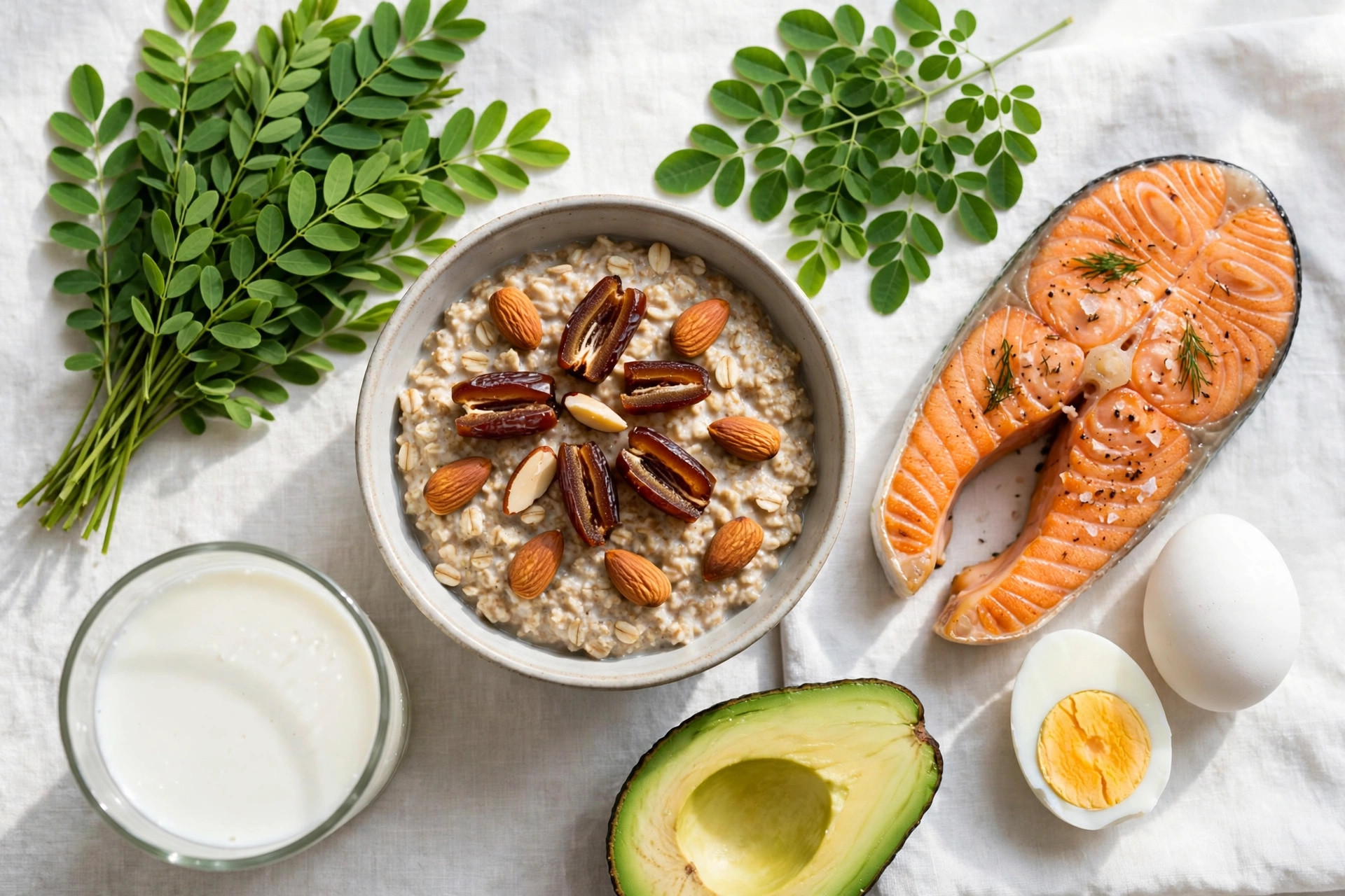Tampilan atas aneka makanan sehat untuk ibu menyusui: oatmeal, kurma, kacang almond, daun katuk, salmon, telur, dan alpukat